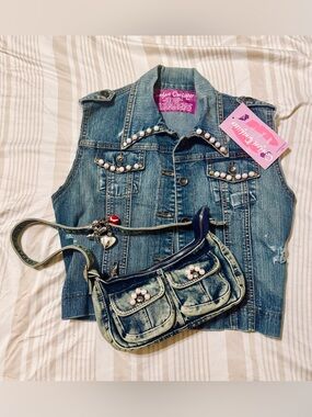 Women’s/Girls' Blue Cotton Denim Vest with Pearl Accent And Beaded Mini Bag Set